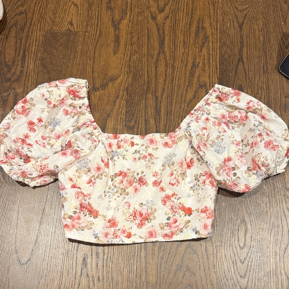 Altar'd State Floral Puff Sleeve Blouse - Pink and Cream
